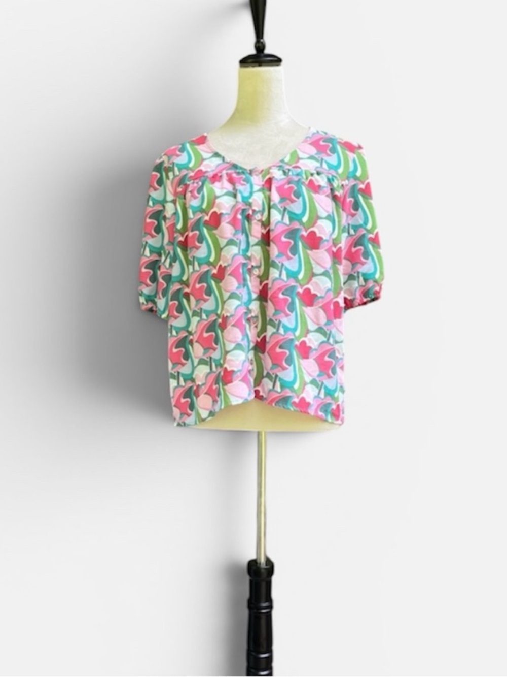Michelle McDowell Abstract Floral Puff Sleeve Blouse Top in Pink/Green Sz M